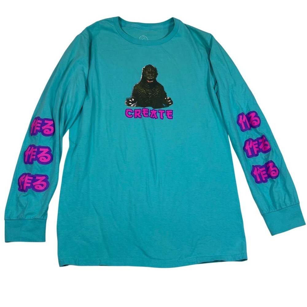 Create a Better World Godzilla Long Sleeve Graphic T-Shirt Teal Mens Small